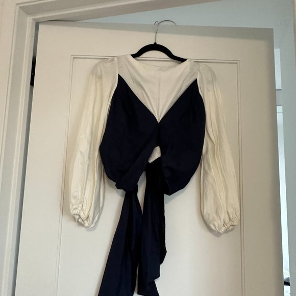 Johanna Ortiz Crop Top Balloon Sleeve Poplin Cotton Self-tie Back Sz 4 Navy Whit - Picture 4 of 12